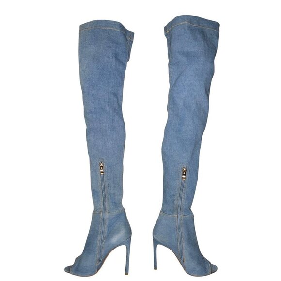 Akira Floral Embroidered Boots Sz 6.5 Thigh High Denim Peep Toe Stiletto 4.5" - Picture 9 of 16